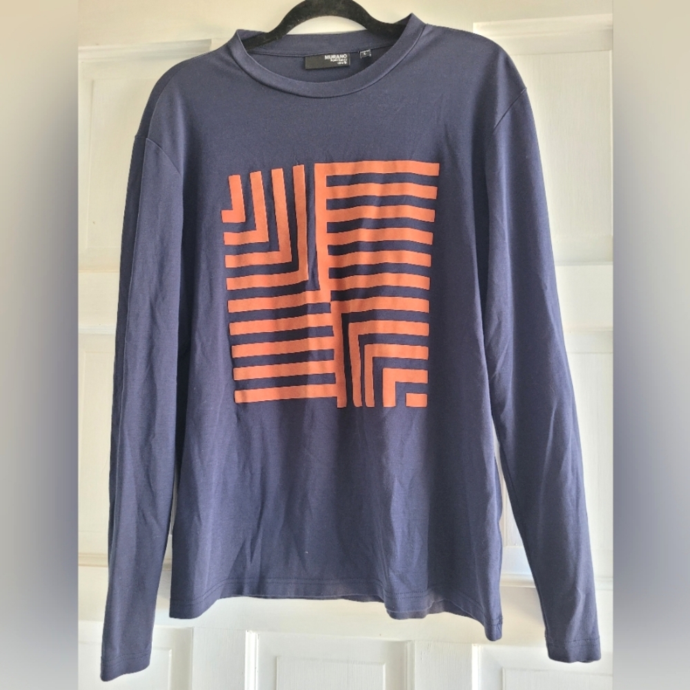 Murano Liquid Luxury Slim Fit Navy Blue Orange Long Sleeve Shirt, Size Large